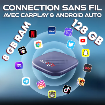 Boîtier Intelligent Android CarPlay Sans Fil PlayStore, 8 Go RAM + 128 Go de Stockage